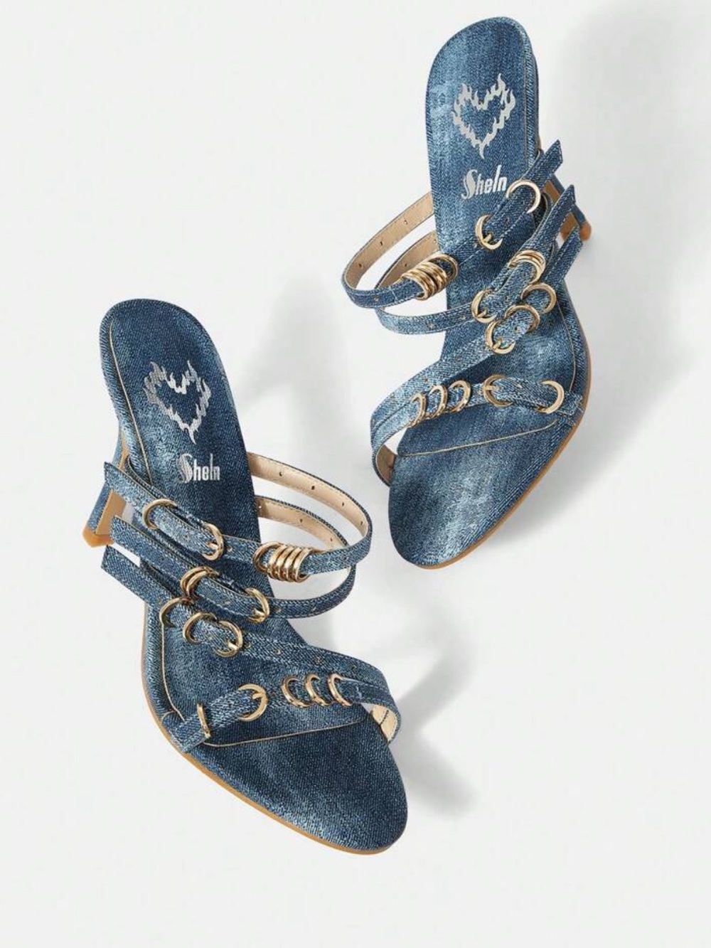 Blue Denim Multi-Strap Buckle Mule Heels Gold Rings Size 8